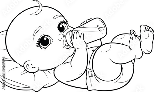 Cute baby drinking from a bottle illustration, adorable infant lying on a pillow, newborn feeding time for nursery and parenting