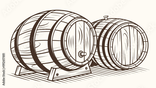 A vector illustration of two wooden barrels on a stand, with one barrel having a spigot and the other having a bung.