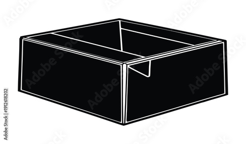 Simple black and white illustration of an open cardboard box