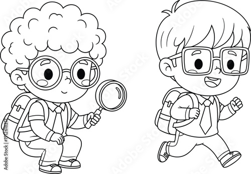 Cute schoolboy characters with backpacks and magnifying glass, student exploring and running, educational line art for kids school activities and learning