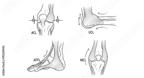 Anatomy Illustrations: Knee, Ankle, Foot Ligament Injuries and Sprains