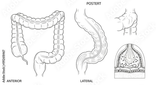 Anatomy of the Colon: Anterior, Lateral Views and Cross-Sectional Detail