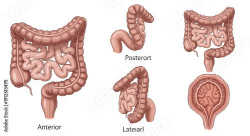 Anatomy of the Human Intestines: Anterior, Posterior, Lateral and Cross-Sectional Views