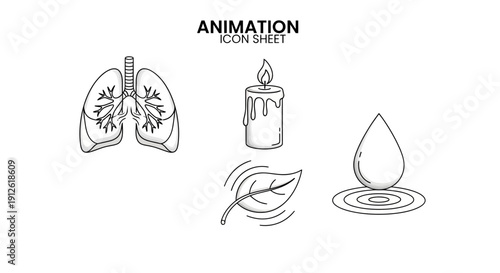 Animation Icon Sheet: Lungs, Candle Flame, Leaf, Water Drop