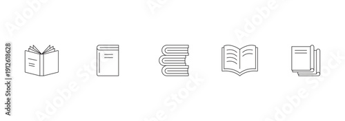 Set of linear icons of open and closed  books with paper pages. Vector illustration.