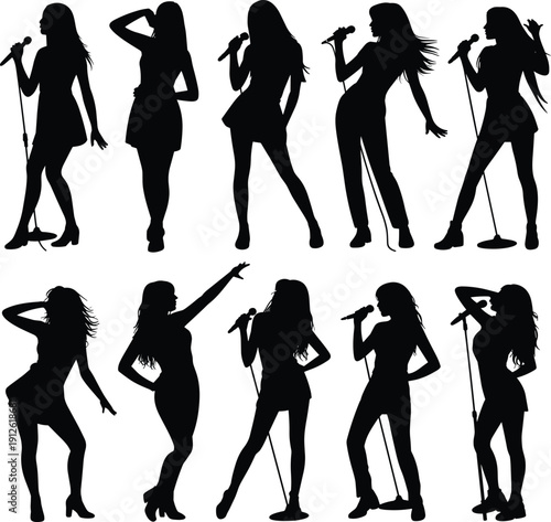 Female singer silhouette set performing with microphone, dynamic music and stage performance poses, concert entertainment concept, black vector illustration isolated on white background