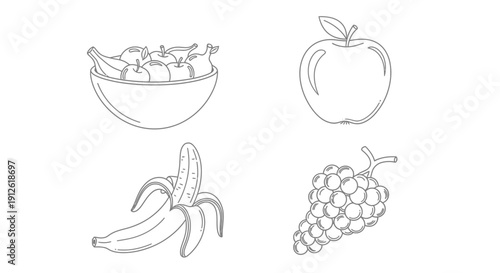 Assorted Fruits Line Art: Bananas, Apples, Grapes in Bowl, Isolated