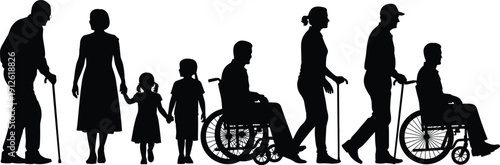 Diverse people silhouette set with elderly and disabled, senior walking with cane, person in wheelchair, family with children, isolated vector.