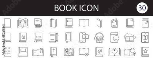 Book icon set. Line book icon. Library book symbol. Open and close textbook. Editable stroke. Vector illustration.