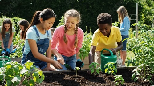 Children gardening together in community garden on sunny day