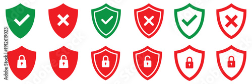 Security shield icon set. Shield check mark symbols. Protection and padlock logotypes. Vector illustration