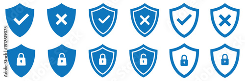Security shield icon set. Shield check mark symbols. Protection and padlock logotypes. Vector illustration