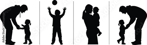 Family silhouette set with parents and children, father playing with toddler, mother holding baby, kids playing ball, black white vector.