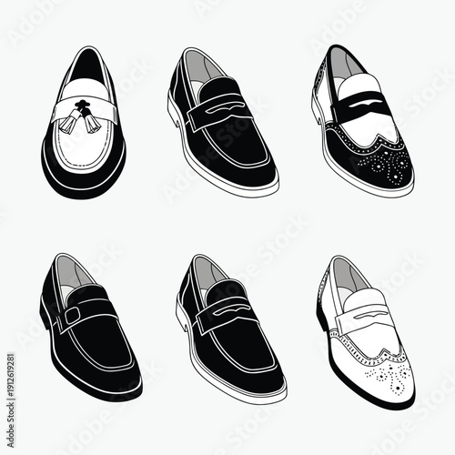 Collection of various loafer shoes illustrated in black and white, showcasing different designs and styles