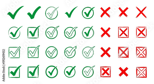 grunge style green check marks and red x marks symbolizing correct incorrect approval and rejection for modern ui ux design.