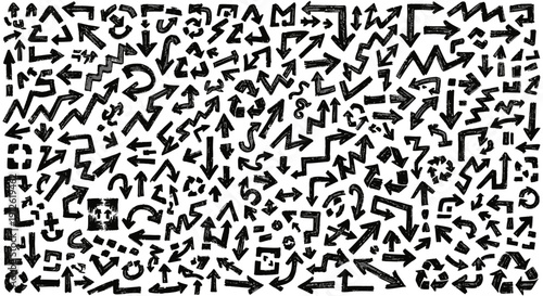 grungy hand-drawn black arrows pointing diverse ways on white symbolizing choice direction and navigation for graphic design elements.