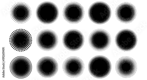 halftone dot pattern circles displaying abstract radial gradient textures on a white background perfect for modern graphic design branding and retro effects