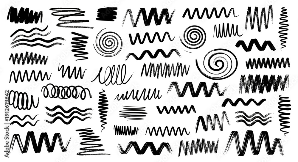 Obraz premium hand drawn brush strokes and organic ink lines creating abstract patterns on white perfect for graphic design.