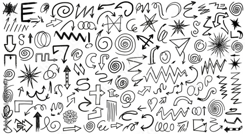 hand drawn arrows lines and abstract doodle symbols on white illustrating various directions and movements ideal for creative design.