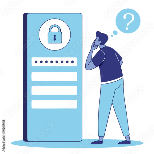Confused man trying to unlock a digital password screen isolated illustration