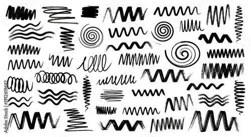 hand drawn brush strokes and organic ink lines creating abstract patterns on white perfect for graphic design.