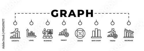 Modern business graph banner with clean line icons illustrating growth, level, business performance, profit, statistics, bar chart, trend, and decrease. Minimal black and white design suitable for web