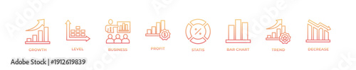 Modern business graph banner with clean line icons illustrating growth, level, business performance, profit, statistics, bar chart, trend, and decrease. Minimal black and white design suitable for web