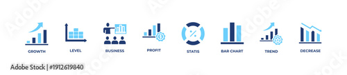 Modern business graph banner with clean line icons illustrating growth, level, business performance, profit, statistics, bar chart, trend, and decrease. Minimal black and white design suitable for web