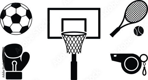 A black and white graphic depicts various sports equipment including a soccer ball basketball hoop and tennis racket