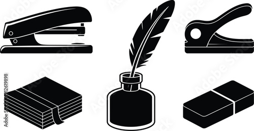 A collection of black silhouette office and writing tools including a stapler pen and inkwell high-quality