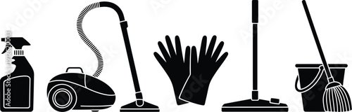 A collection of black silhouette cleaning tools including a spray bottle vacuum gloves and broom high-quality