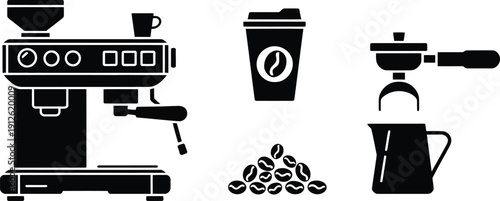 A collection of black silhouette icons representing coffee making equipment and ingredients high-quality professional detailed modern