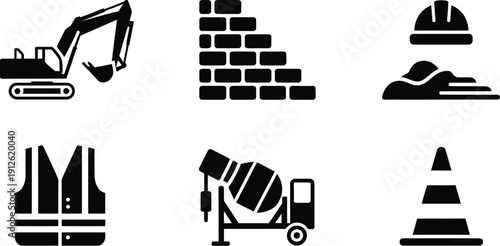 A collection of black silhouette icons representing various construction equipment and safety elements high-quality professional detailed