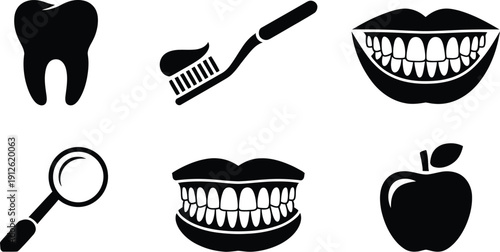 A collection of black silhouette icons representing dental health including teeth a toothbrush and fruit high-quality
