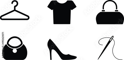 A collection of black silhouette icons representing clothing accessories and sewing items high-quality professional detailed modern