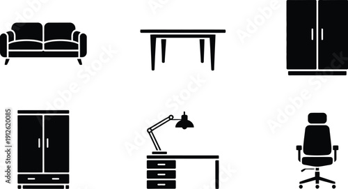 A collection of black silhouette icons depicting common household furniture items against a white background high-quality