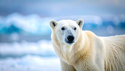 Close-up portrait of a polar bear standing on ice with a blurred snowy background and a sharp, focused expression.