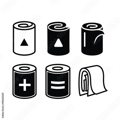 Collection of toilet paper rolls with various symbols, stationary objects, simple graphics, bathroom essentials, and household items in a clean and minimalist vector illustration