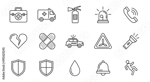 Emergency service icons depicting safety and rescue line art silhouette