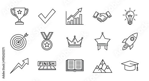Collection of business and achievement icons in a linear style silhouette
