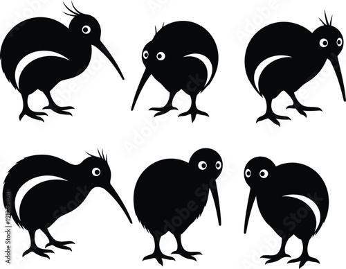 Collection of Kiwi Bird Silhouettes in Various Poses and Angles