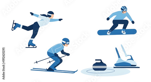 Winter sports athletes in action on snowboard and skis, with ice resurfacer machine in the background