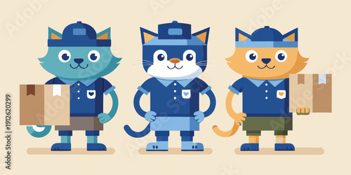 Three delivery cats in uniforms carrying packages with friendly smiles