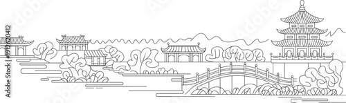 Asian landscape with pagodas and bridge temple chinese
