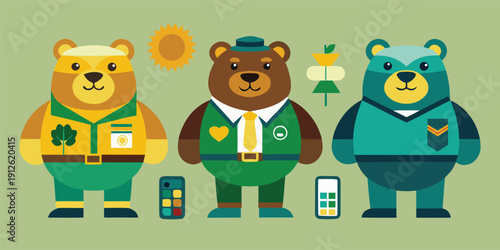 Three colorful bears in modern outfits with gadgets and eco friendly symbols
