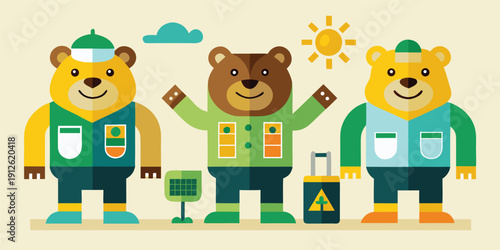 Three eco friendly bears with solar panel and recycling bin