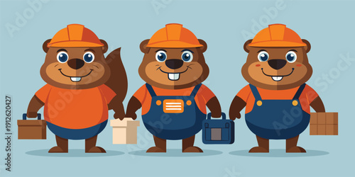 Three cartoon beavers in construction outfits holding tools