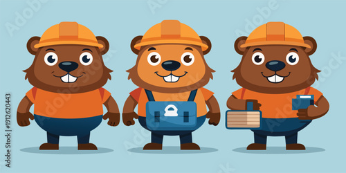 Three cartoon beavers in construction hats and outfits