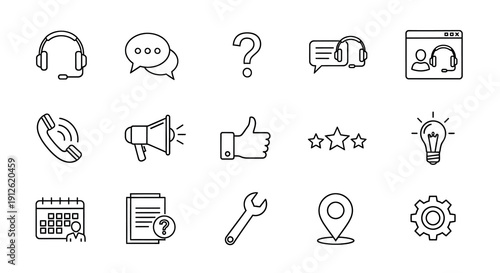Collection of communication and support icons in black silhouette