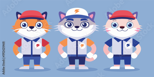 Three cartoon animals in matching uniforms with energetic poses